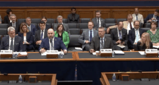 Testifying at the “America Builds: Improving the Efficiency and Effectiveness of Federal Rail Assistance” hearing on May 6 were (left to right): Matthew Dietrich, Ohio Rail Development Commission; Garrett Eucalitto, Connecticut DOT, on behalf of AASHTO; Kevin Hicks, TranSystems, on behalf of NRC; and Kristin Bevil, Pinsly Railroad Company, on behalf of ASLRRA. (Screen Grab from House Rail Subcommittee Hearing Video)